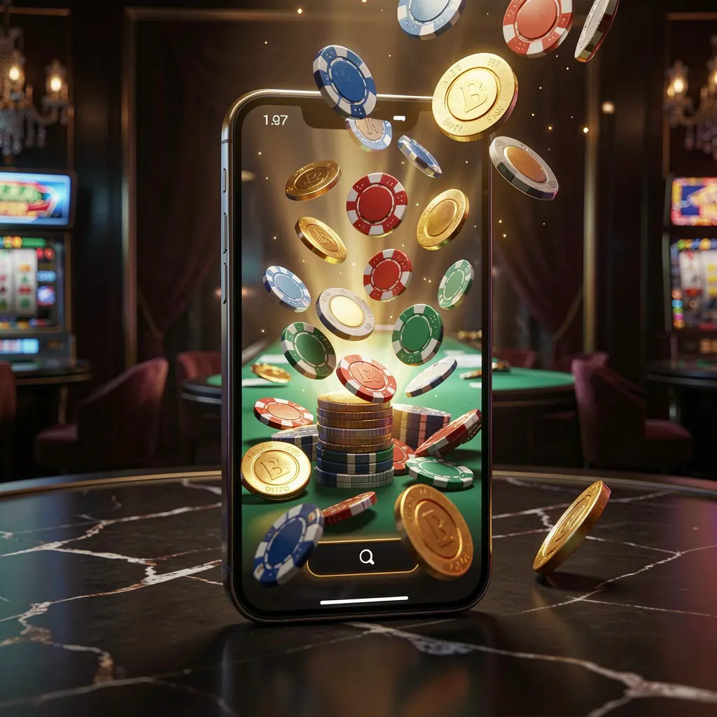 CW773 online gaming app displayed on a smartphone screen with glowing casino chips and coins emerging, set against a luxury dark background with cinematic lighting in a high detail 3D render