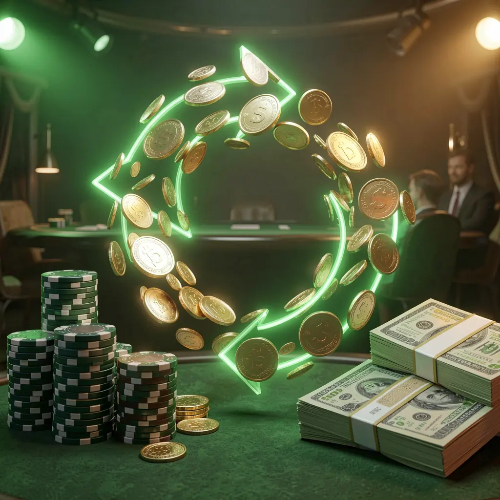 Realistic 3D render of a cashback casino bonus scene featuring coins moving in a circular arrow, stacks of chips, and cash bundles with green and gold glow, showcasing the CW773 brand