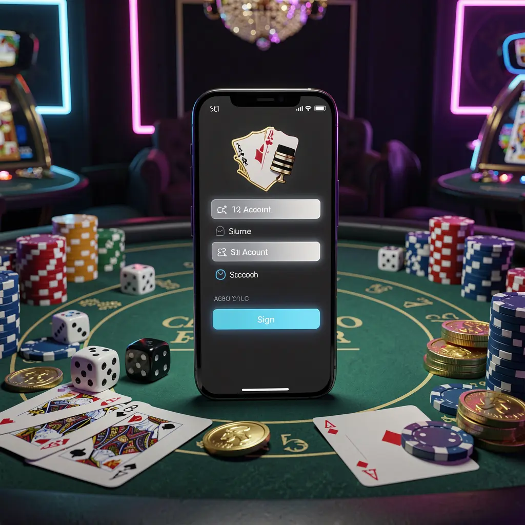 CW773 casino account sign in scene with a glowing smartphone on a casino table surrounded by cards, chips, dice, and gold coins against an elegant dark background with neon highlights