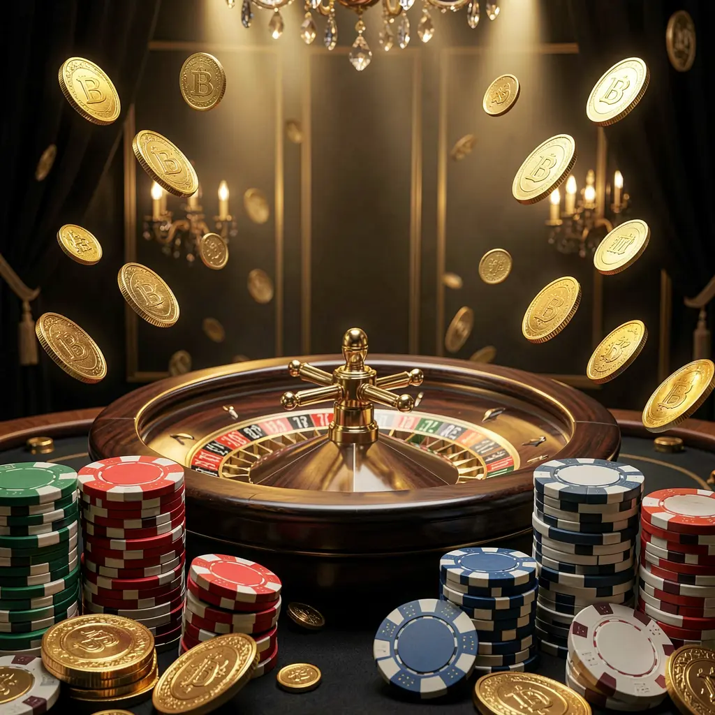 CW773 online casino main page background featuring dramatic casino lights, flying golden coins, stacked poker chips in the foreground, and a roulette wheel behind in a luxury black and gold atmosphere